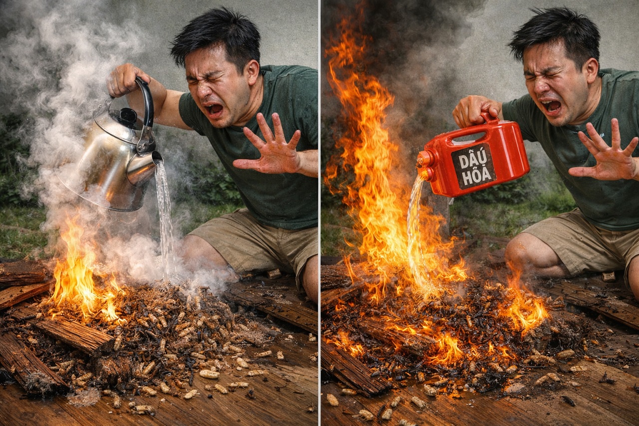 sai lầm phổ biến khi tự diệt mối-đổ nước sôi dầu hỏa